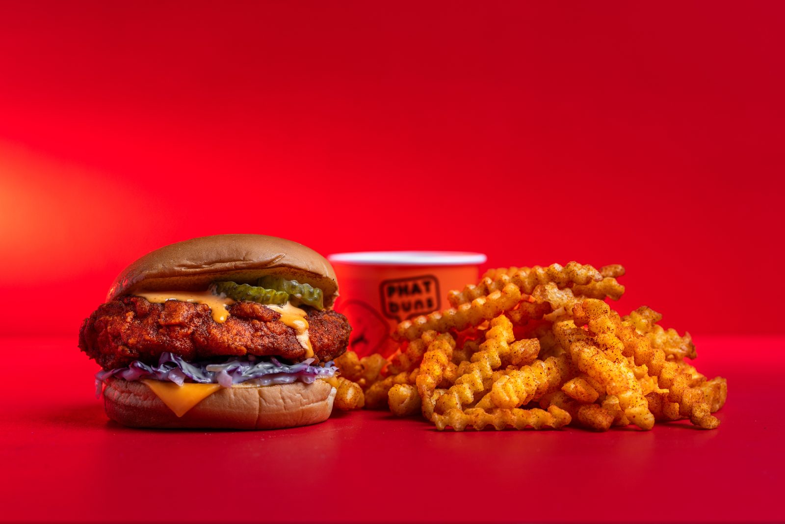 PHATVille Nashville hot chicken burger with fries